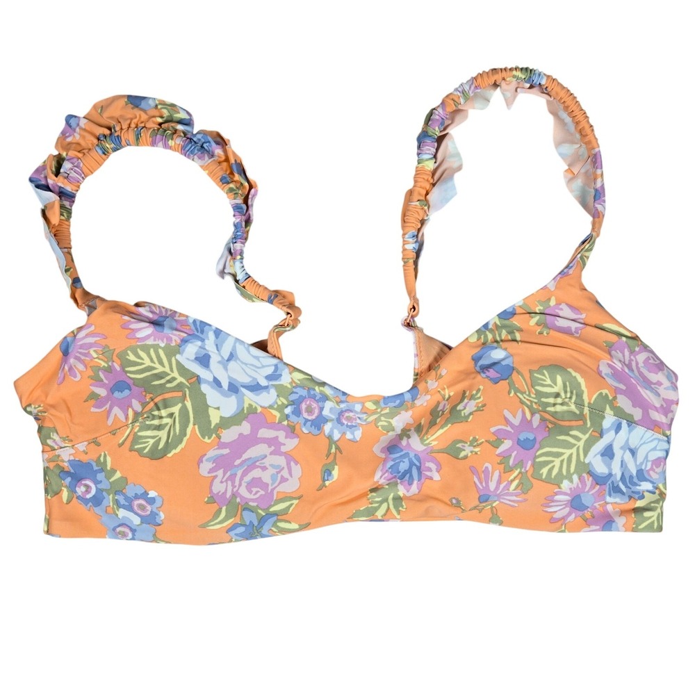 Aerie Scoop Floral Ruffle Bikini Top Swimsuit Orange Blue Purple XL